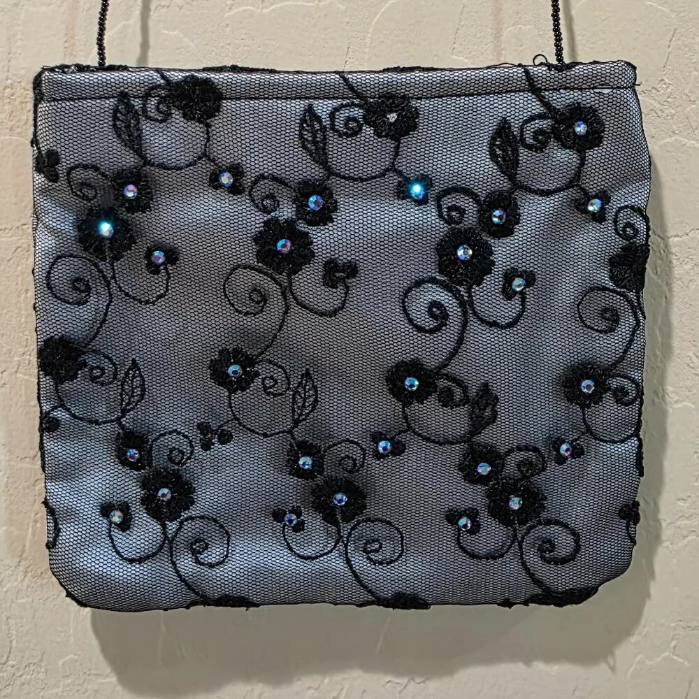 Black Lace Silver Satin Embellished Black Glass Beaded Strap Evening Bag Purse